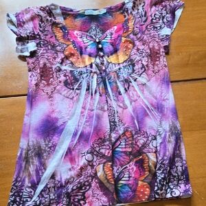 Unity World Wear Girls Butterfly Short Sleeve Top - Purple Pink Orange